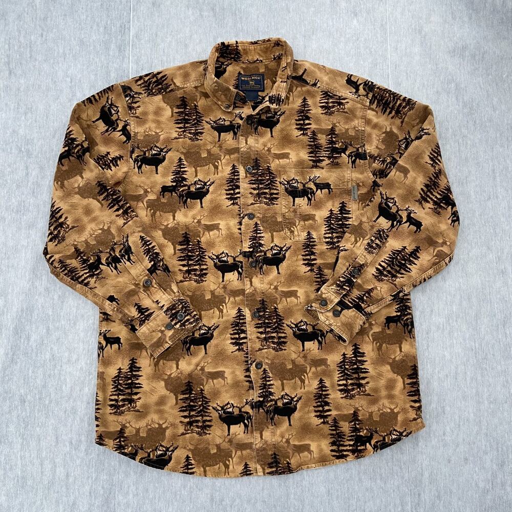 VINTAGE Woolrich Shirt Adult Medium Button Up Dark Wheat Whitetail Deer Mens M